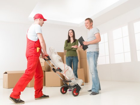 Team organizing workplace boxes and labels during an office move in Lee