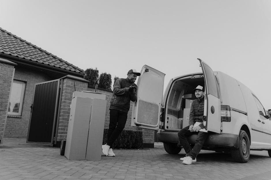 Two men involved in a furniture transport process during a home relocation, positioned outside a residential property. One man stands beside an open white cargo van, which is parked on a paved drivewa